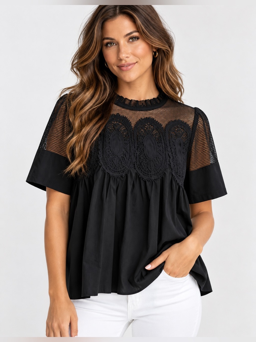Black Lace Mesh Babydoll Blouse | XL | Short Sleeves | NWT